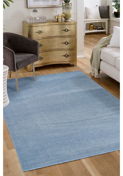 Line Serisi Kaymaz Taban Yıkanabilir Dekoratif Modern Şönil Kilim Mavi