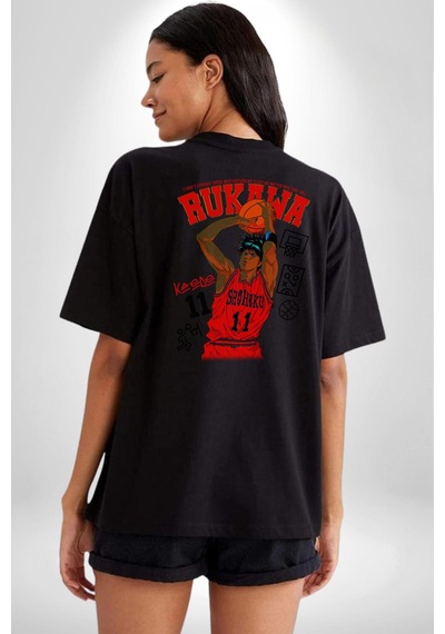 Rukawa Kaede Anime Basketbol Karakteri Pamuklu Unisex Oversize Sırt Dijital Baskılı Siyah T-shirt Siyah