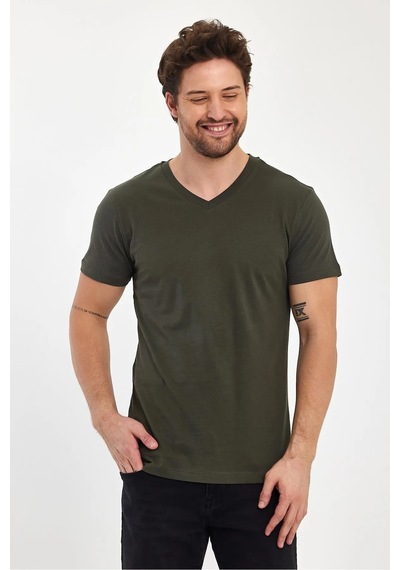 Erkek Compact Penye V Yaka T-shirt Haki