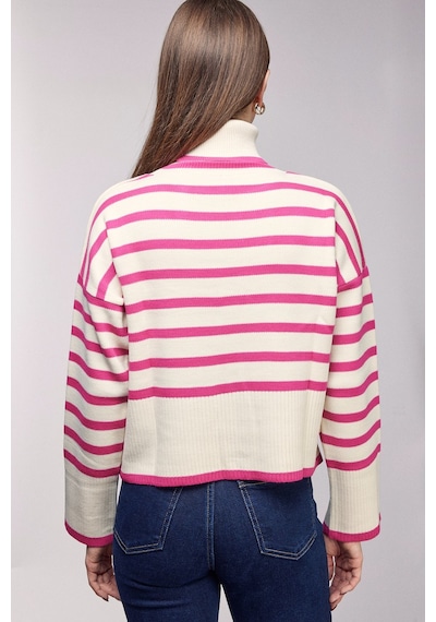 Sââde Çizgili Balıkçı Yaka Oversize Triko Kazak Pembe