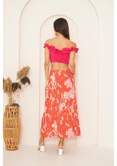 Darlin Moda Kırmızı Desenli Yırtmaçlı Midi Etek Dm2014 Kırmızı