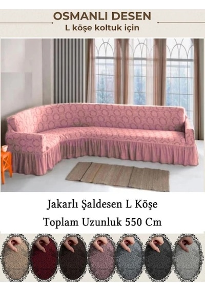 Upmall Jakarli Şal Desen 7 Kişilik L Köşe Koltuk Örtüsü, Esnek Koltuk Kılıfı, Osmanlı Desen 550cm Pudra Pudra