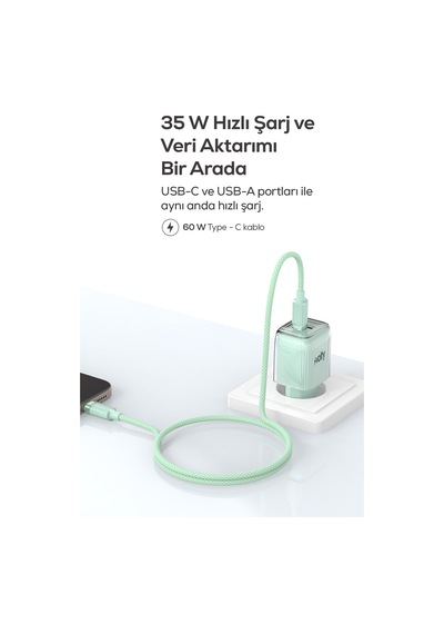 Hızlı Şarj Adaptörü 35w Gan + Type-c Kablo 60w Pd Usb-c & Usb-a, Laptop & Telefon Yeşil-v0102022