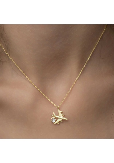 Gümüş Gold Tek Taşlı Uçak Kadın Kolye Altın