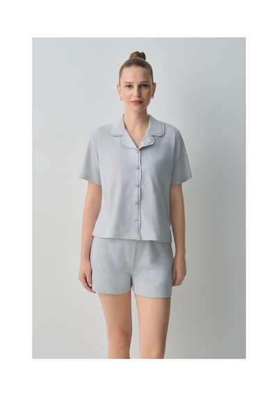 Suwen Casual Gömlek Yaka Pamuklu Şort Pijama Takımı Wsh10910003051 Gri Melanj