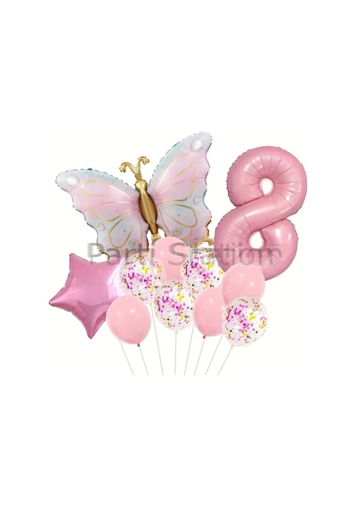 Macaron Kelebek 8 Yaş Balon Set Gökkuşağı Macaron Kelebek Konsept Doğum Günü Balon Set çok renkli