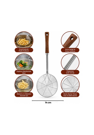 İbico İ22-297 Kevgir 14cm Sap: 27cm Derin Çelik Metal Akasya Ahşap Saplı - 12'li Paket