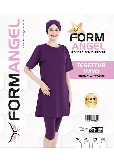 Form Angel Kadın Düz Renk Büyük Beden Kısa Kollu Likralı Tesettür Mayo Mor