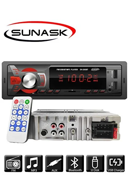 Sunask Sn-202 Çift Usb Girişli Bluetooth Oto Teyp Araba Teybi Radyo Usb Sd Aux Teyp Amfi Çıkışlı Kumandalı