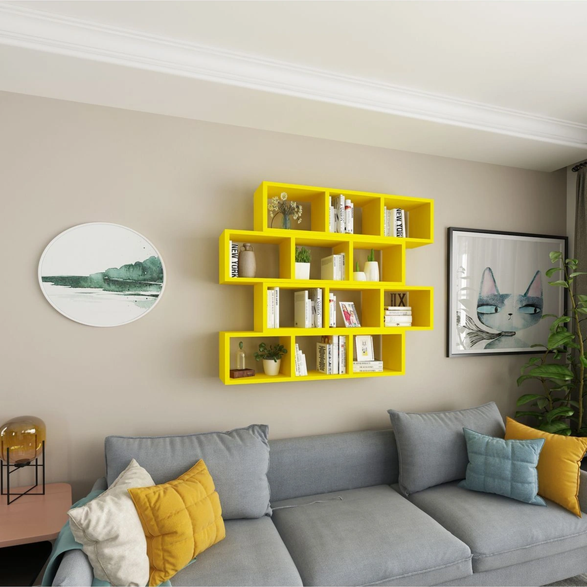 Kitaplık Modern Duvar Rafı Salon Yatay 4 Lü Takım Sarı Sarı
