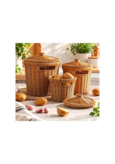 3 Lü Patates Soğan Sarımsak Sepeti Seti Rattan Dekoratif Ve Düzenleyici Kapaklı Sebzelik Sepet Diğer