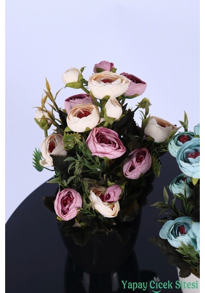 Yapay Çiçek Sitesi Plastik Saksıda Yapay Tomurcuklu Ranunkulus Tanzimi 2'li Set 30 Cm Pembe Krem - Turkuaz
