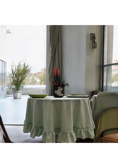 Dnc Home Tekstil  Premium Keten Adaçayı Yeşil Fırfırlı Yuvarlak Masa Örtüsü 001
