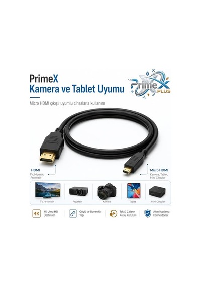 Px-1121 Micro Hdmı To Hdmı Kablo, 1.5 Metre 1080p Full Hd Hdmi Görüntü Ve Ses Aktarım Kablosu, Micro Hdmi Type-d Kam Diğer