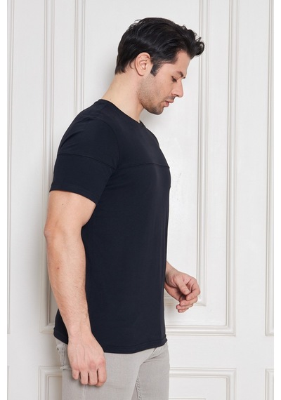 Jeuss Erkek Viscon Lina Likralı Kumaş Bisiklet Yaka Siyah Tshirt