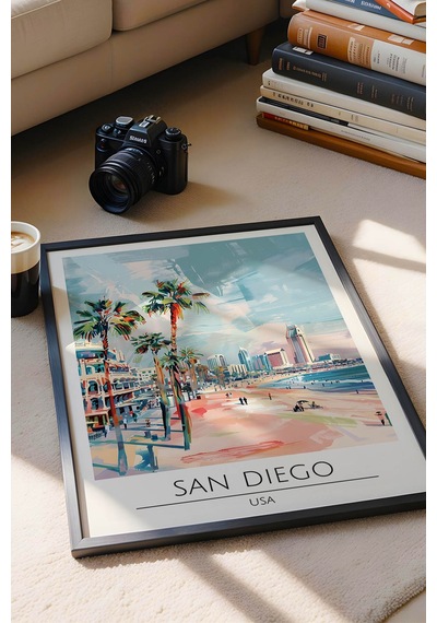 Abd San Diego Temalı Çerçeveli Tablo Travel Serisi Modern İllüstrasyon Sahil Duvar Dekoru Siyah