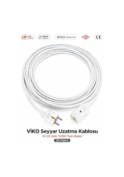 Viko Seyyar Uzatma Kablosu 30m 30 Metre 3x1.5 Mm %100 Bakır Öznur Kablo Viko Erkek Dişi Fiş Klemens Terminalli Topraklı Tse Ce Belgeli 30 M