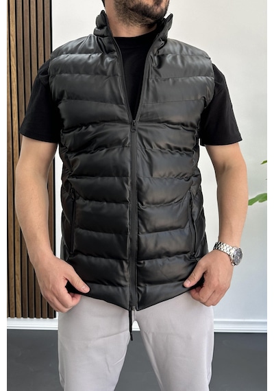 Edwox Erkek Slim Fit Fermuarlı Suni Deri Yelek Siyah Edw088-siyah