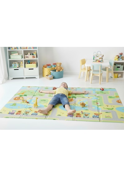 Pureza Çift Taraflı Katlanabilir Oyun Matı 200cmx130cmx1cm Kaymaz, Darbe Emici, Su Geçirmez, Bebek Ve Çocuklar İçin, Yeşil Parkur/Araba Yarışı, Taşıma Çantası Hediyeli Yerli Üretim