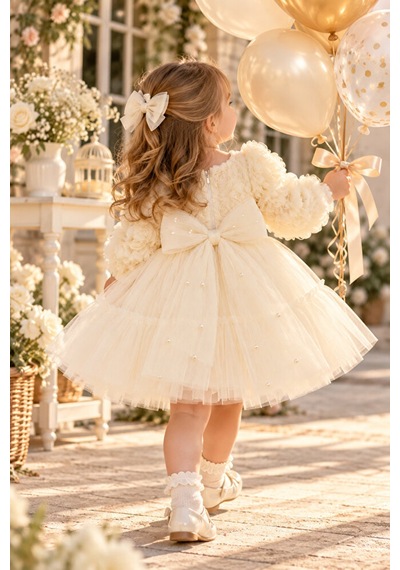 Ministok Pearl Rose Arkası Fiyonklu İnci Detaylı Kız Bebek Uzun Kollu Özel Ekru