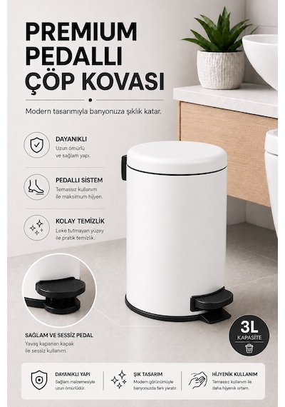Pedallı Çöp Kovası 3 Litre İç Kovalı Kapaklı Banyo Çöp Kutusu Beyaz - Elit 7003
