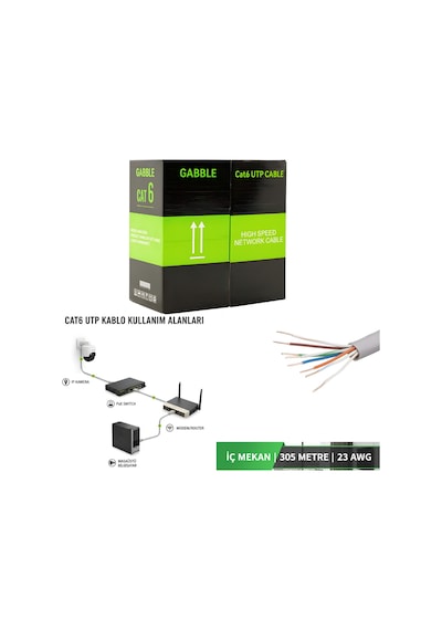 Gabble Cat6 Utp 305 Metre İç Ortam Ethernet Ağ Kablosu 23 Awg Yüksek Hız