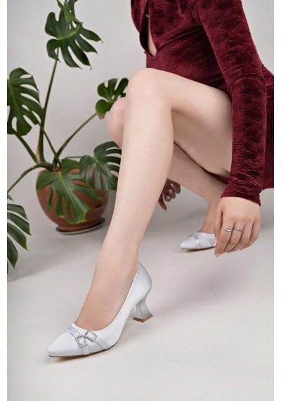 Nesilshoes Nesil Shoes Bln 830 Gümüş Kumaş Topuklu Kadın Ayakkabı