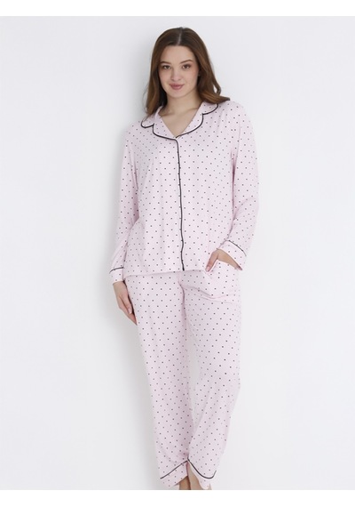 Dofi Kadın Puantiyeli Düğmeli Pijama Takımı - Pembe