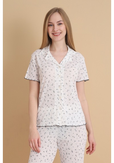Wordex Mirano 1714 Çiçekli Pointel İnce Kumaş Düğmeli Kısa Kollu Kadın Pijama Takımı Ekru