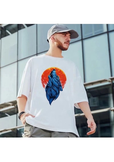 Flood Of Style Erkek Beyaz Kurt Baskılı Oversize Biziklet Yaka Tişört