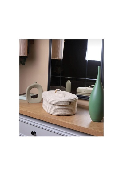 Hasır Jüt Sepet Oval Kapaklı Organizer Düzenleyici 30x20x10 Cm Ekru Ekru
