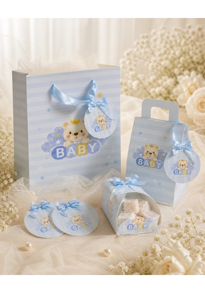 Mavi Ayıcıklı Hoşgeldin Bebeğim Hediyelik Seti, Baby Shower Ve Doğum Günü İkram Seti,7 Ürün-48 Parça 0 - 20 Ay
