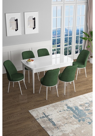 Canisa Han Serisi, Beyaz 70x114 Açılabilir Mdf Mutfak Masa Takımı, 6 Haki Yeşili Sandalye Masa Beyaz Sandalyeler Haki Yeşili