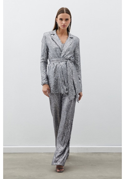 Sateen Kemerli Payet Pantolon - Gümüş