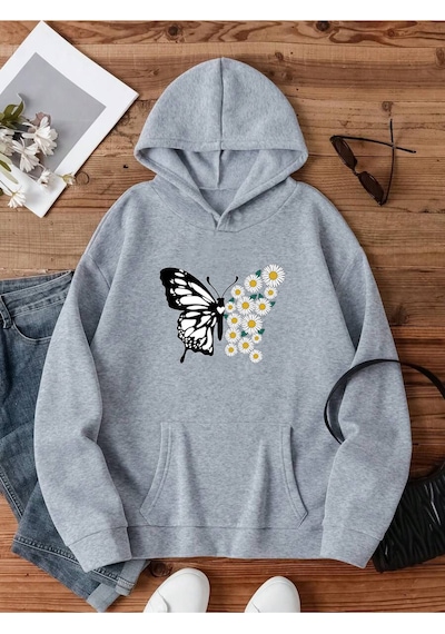 Uyguntarz Papatya Kelebek Baskılı Oversize Sweatshirt Gri