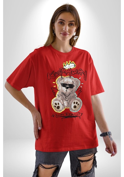 Gerçeklikten Uzak Tutun Pamuklu Bisiklet Yaka Unisex Oversize Boyfriend Dijital Baskılı Kırmızı T-shirt Kırmızı
