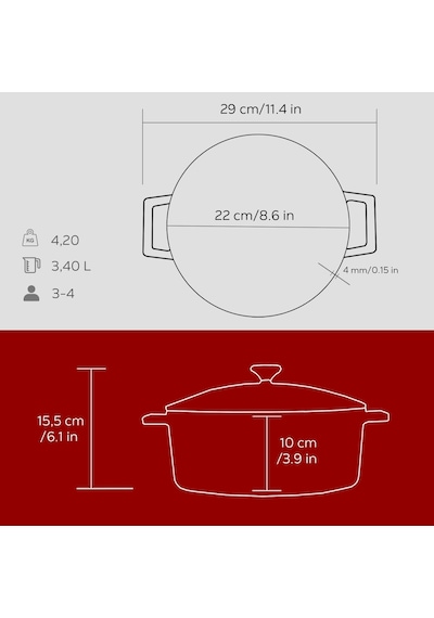 Metal Döküm Yuvarlak Tencere, 22 Cm, Kırmızı