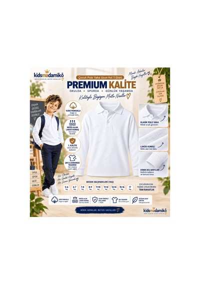 Kidsmadamiko Kız Çocuk Kız Çocuk Polo Yaka T-shirt Uzun Kollu Manşetli %100 Beyaz