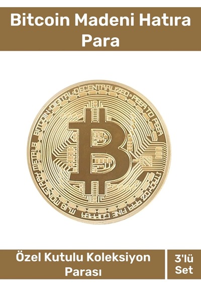 Özel Kutulu Hediyelik Kripto Hatıra Koleksiyon Bitcoin Madeni Para Altın Rengi 3'lü Set