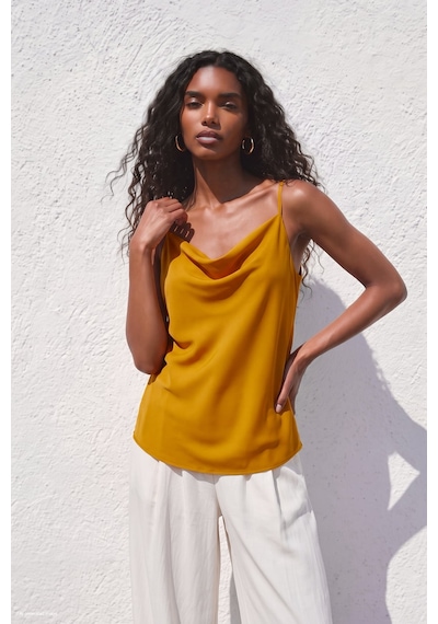 Sateen Askılı Degaje Yaka Bluz - Safran-137670