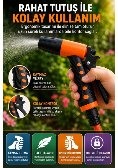 4lü Set Bahçe Sulama Tabancası Tazyikli Su Tabancası Hortum Aparatlı Ayarlı Sprey Ucu