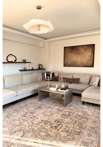 Bej Vintage Salon Halısı Yıkanabilir Kaydırmaz Taban Halı Yolluk Mutfak Koridor Halısıvelora 3044