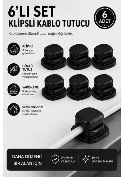Coofbe 6'lı Yapışkanlı Kablo Tutucu Klips Masaüstü Kablo Düzenleyici Şarj Kablosu Sabitleyici