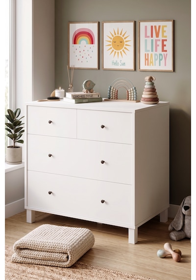 Robin Home Lena Geniş Şifonyer 4 Çekmeceli Ahşap Ayaklı Bebek Ve Çocuk Odası Beyaz