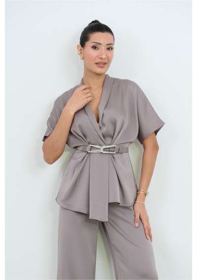 Dorne Moda Özel Seri Kemer Detaylı Takım - Düğün - Mezuniyet - Ofis Şıklığı Gri Gri