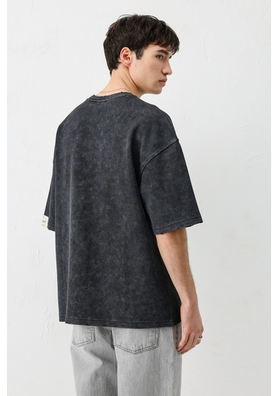 Vamos Oversize Baskılı Tişört V70-143 Siyah