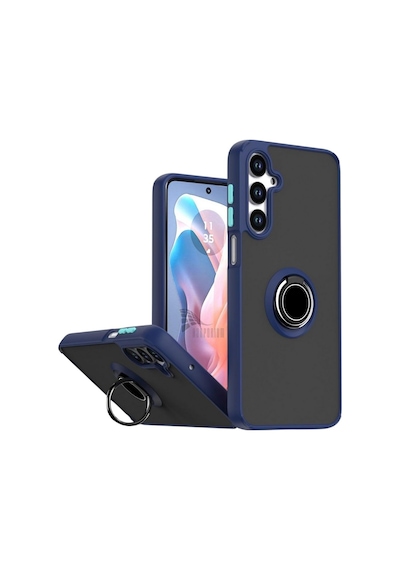 Samsung Galaxy S25 Fe Uyumlu Kılıf Yüzüklü Standlı Extra Koruma Sert Silikon Kapak - Lacivert Lacivert