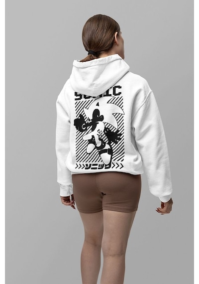 Sevbano Sonic Çizgi Film Baskılı Unisex Oversize Karakter Hoodie Beyaz