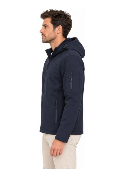 Barlashive Erkek Su Geçirmez Softshell İçi Polar Astarlı Çıkarılabilir Kapüşonlu 4 Cepli Mont Ceket - Lacivert Çok Renkli
