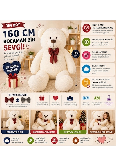 Özgüner Oyuncak 160 Cm Dev Pelüş Ayı, Papyonlu Ve Sevimli Büyük Boy Ayıcık, Yumuşak Sarılmalık Peluş, Sevgi Genel